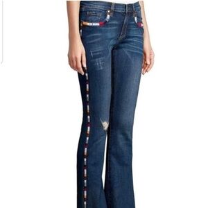 Miss Me Vintage Women 24 Distressed Denim Embroidered Boho Mid-Rise Flare Jeans